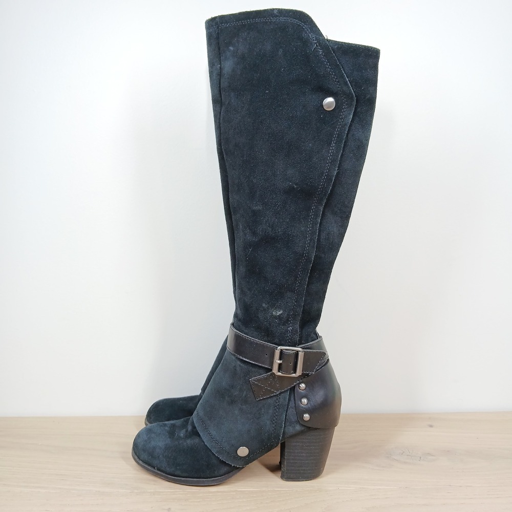 Fergie Lilith Boots Womens 6.5M Black Suede Leather Knee High Side Zip Heel